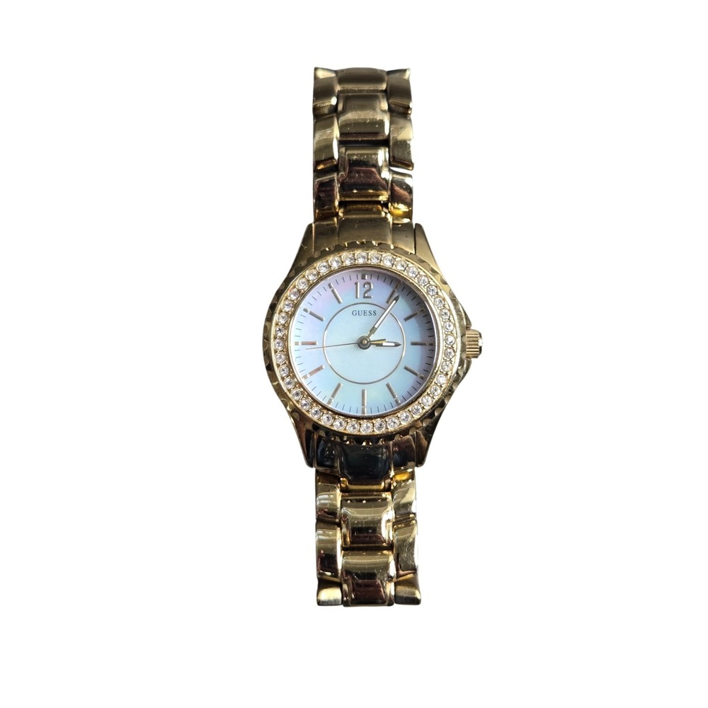 Guess Women's Gold Tone Watch Mother of Pearl Crystal Bezel 111068L1 Tested